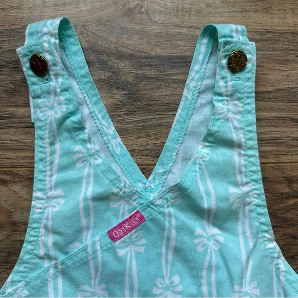 Vintage OshKosh B'Gosh Overalls Girls Size 6 Bow Ribbon Teal Vestbak Rare